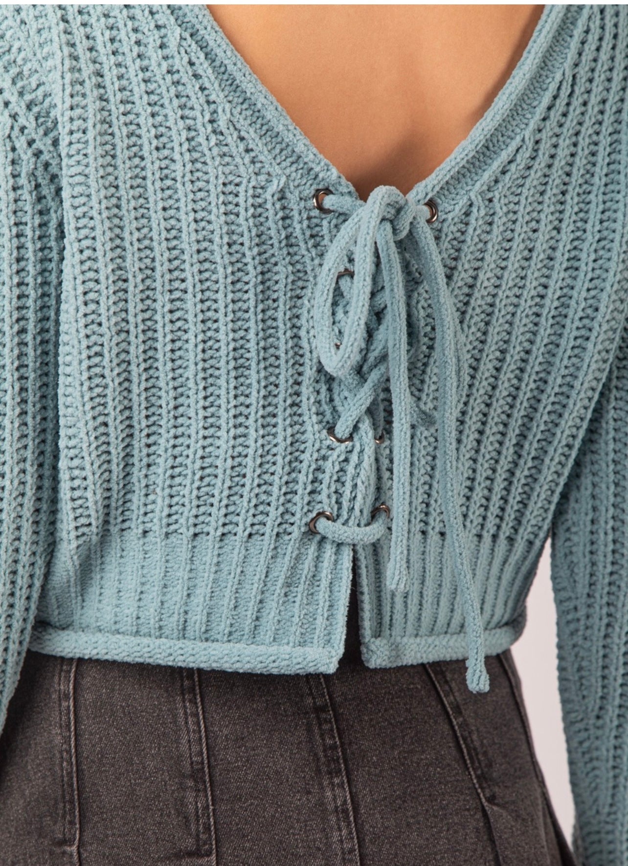 Back Tie Knit Sweater-Blue