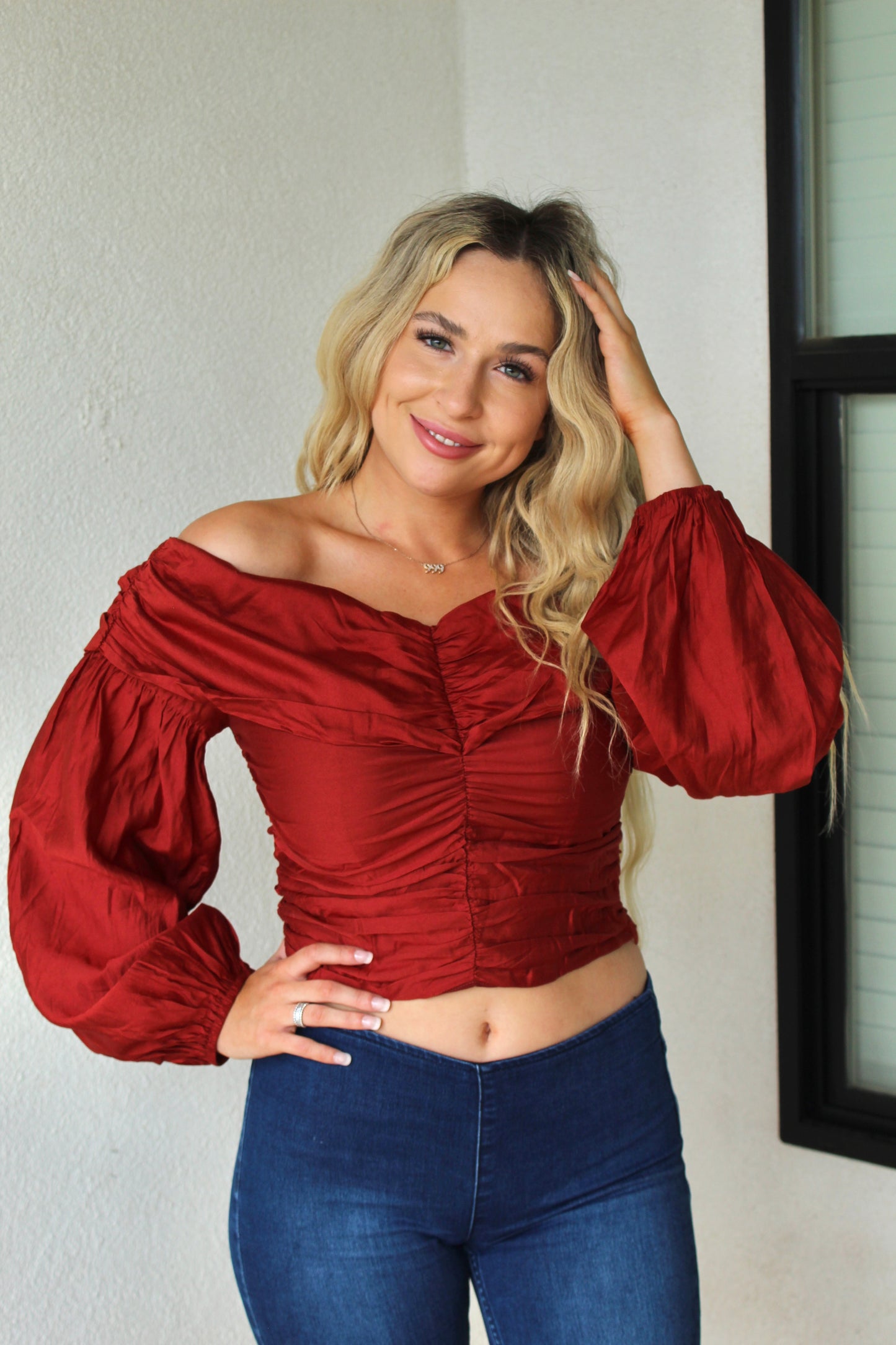 Cherry Wood Off Shoulder Ruffle Top