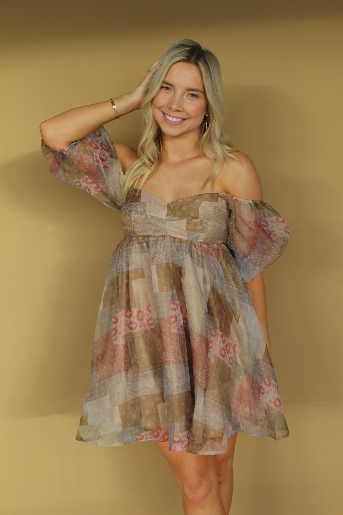 Puff Sleeve Mini Dress-Taupe