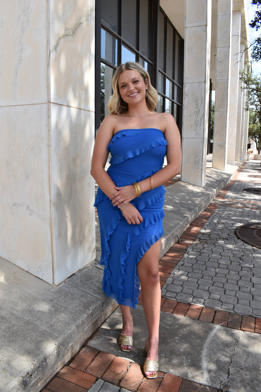 Blue Strapless Frill Dress