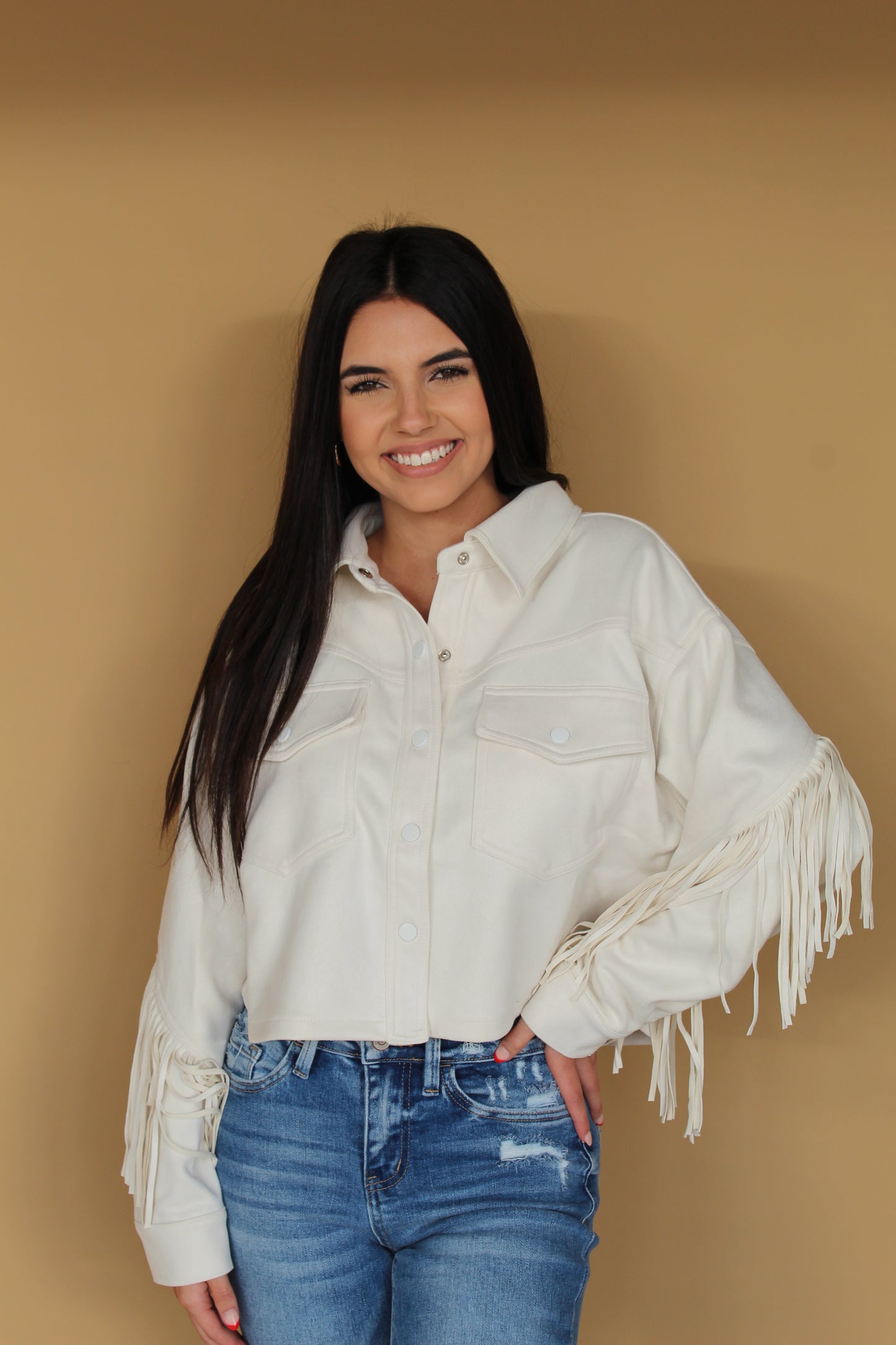 Loose Fit Fringe Jacket Cream
