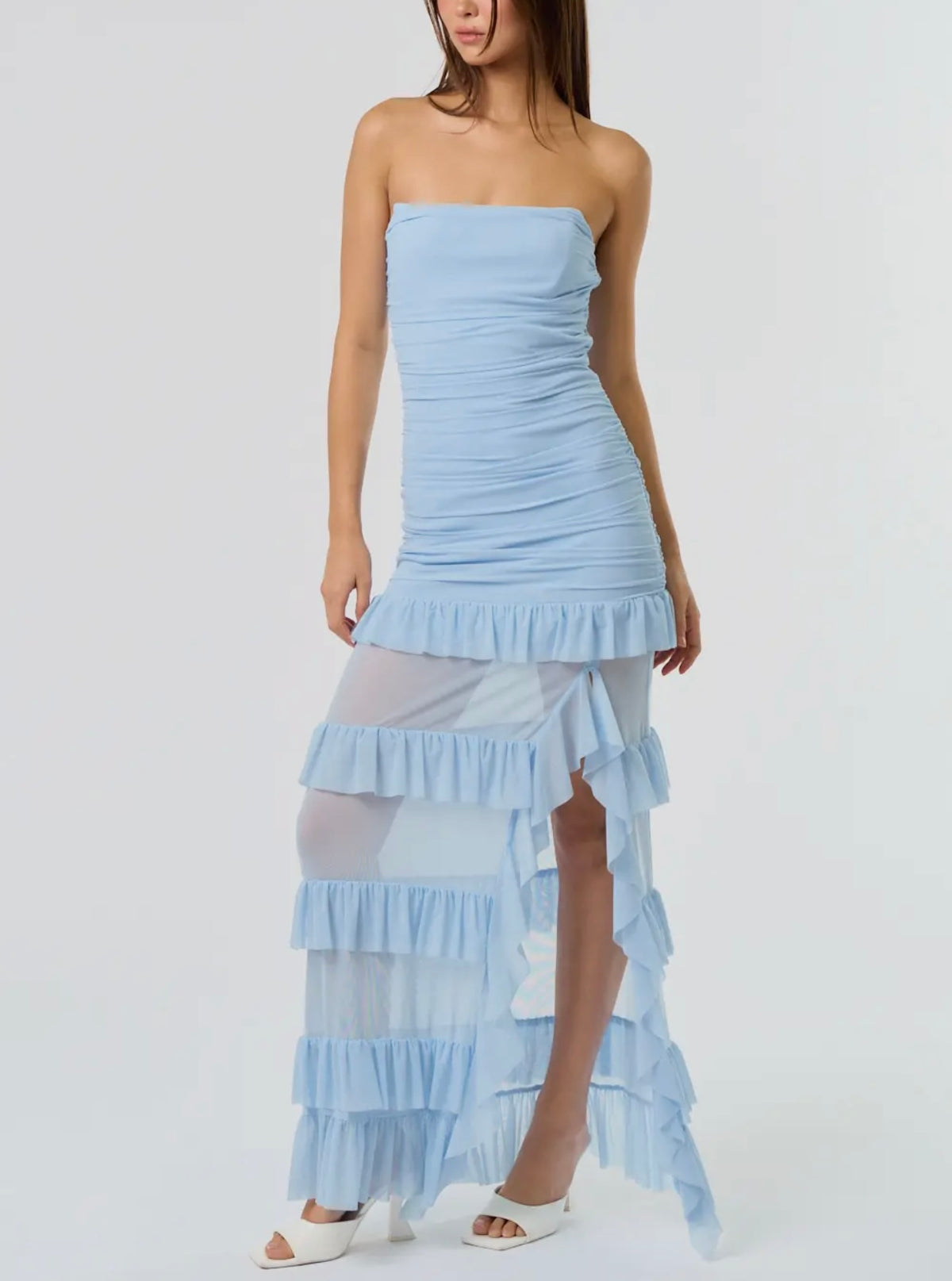 Lt Blue Ruffle Maxi Dress