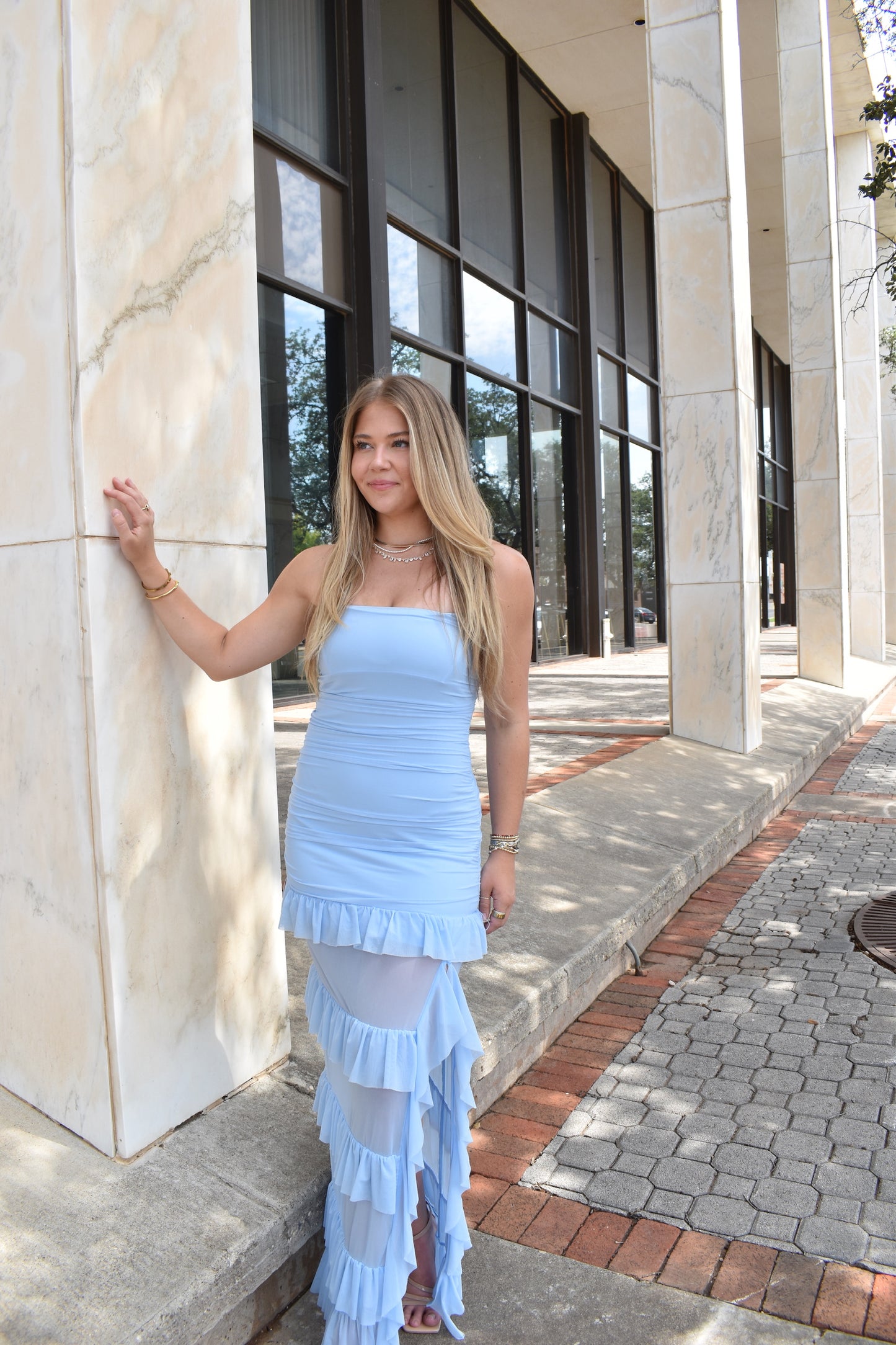 Lt Blue Ruffle Maxi Dress