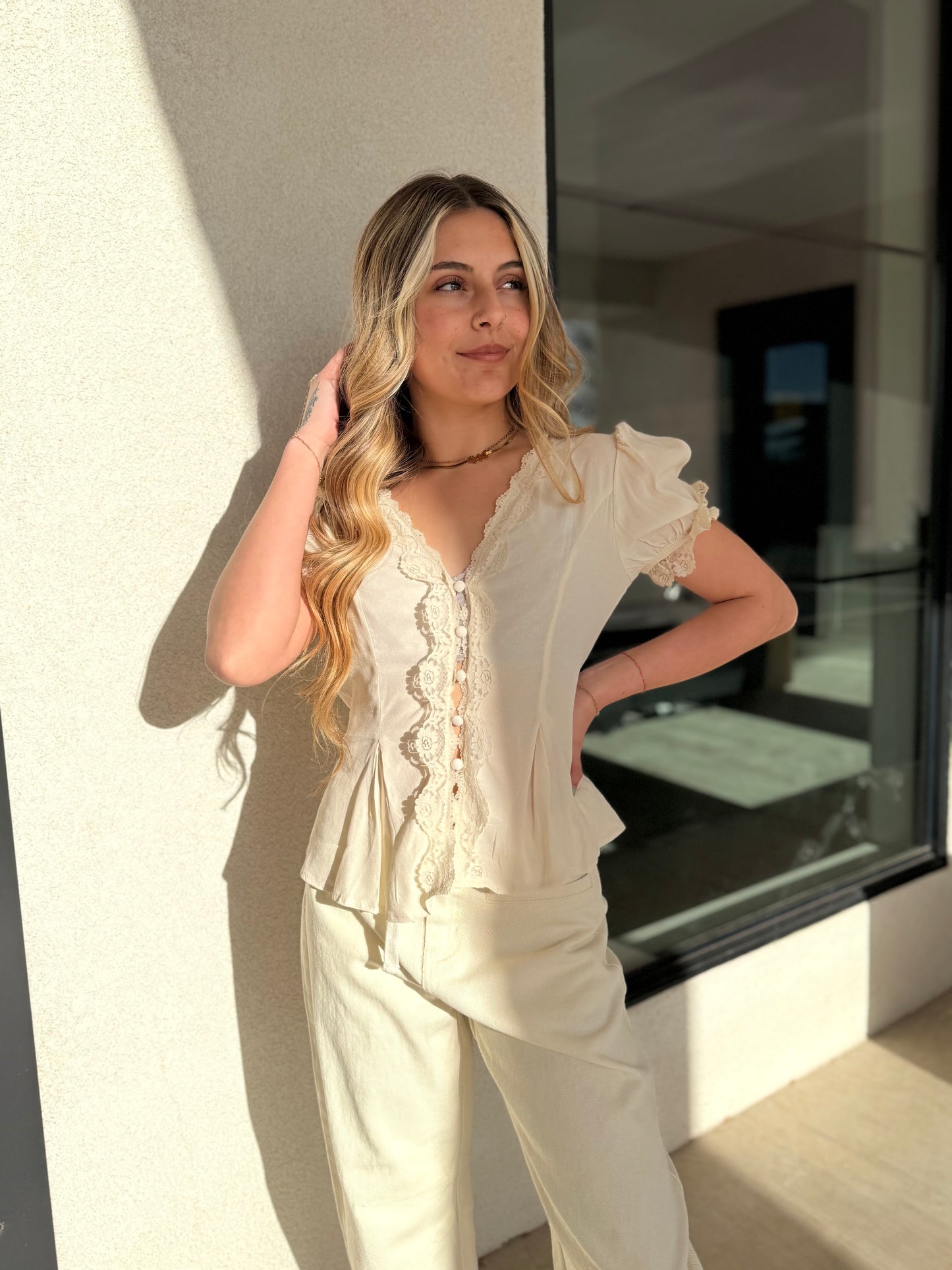 Cream Lace Trim Blouse