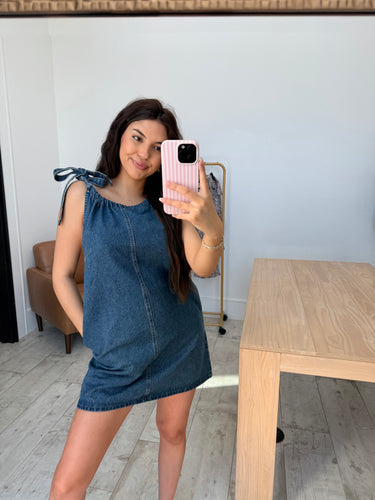 Shirred Neck Denim Dress