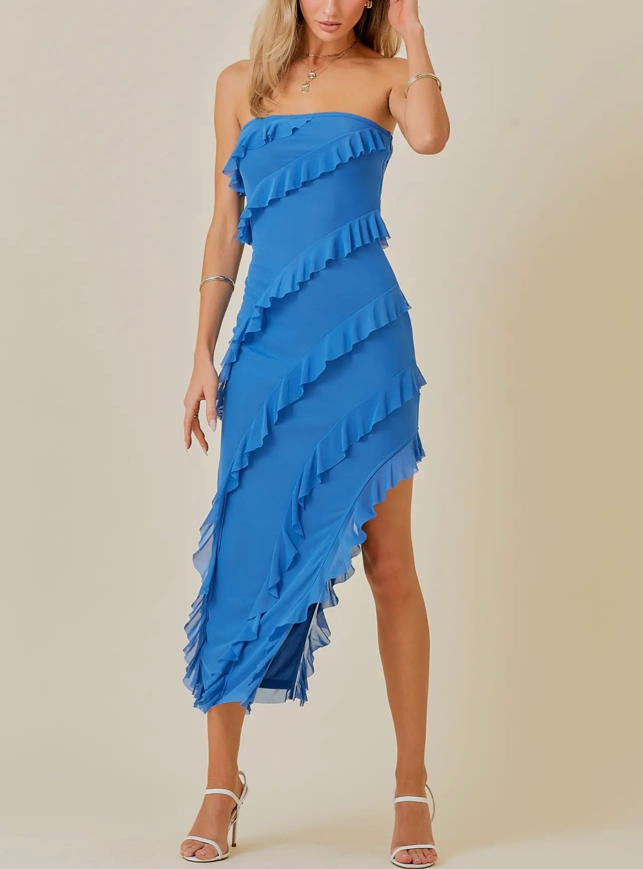 Blue Strapless Frill Dress