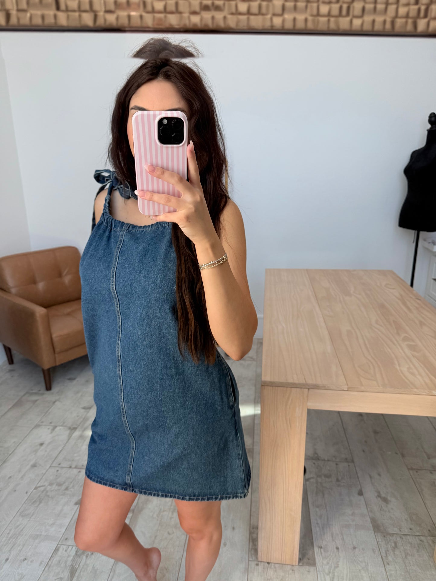 Shirred Neck Denim Dress