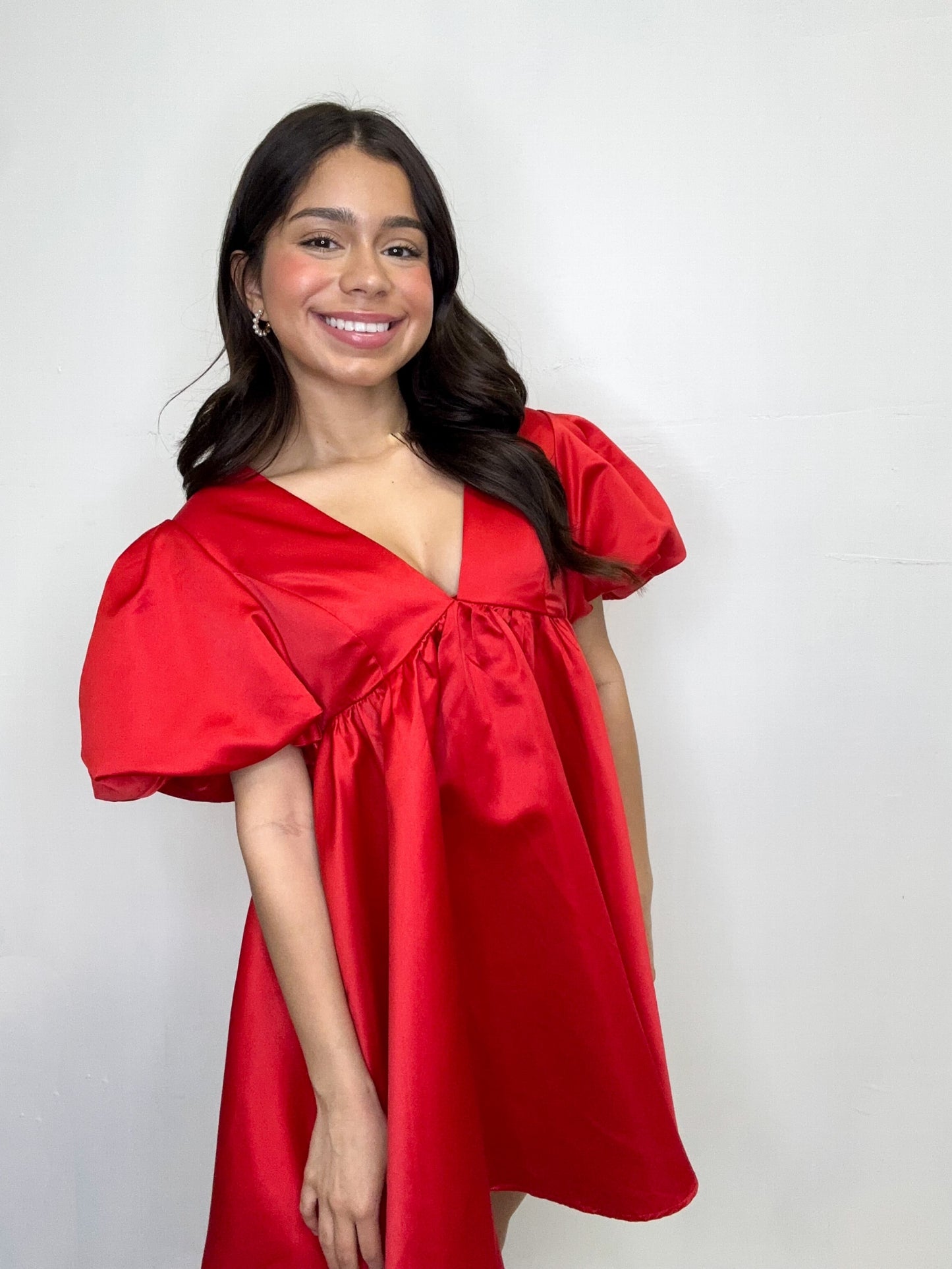 Babydoll Bubble Sleeve Dress-Red