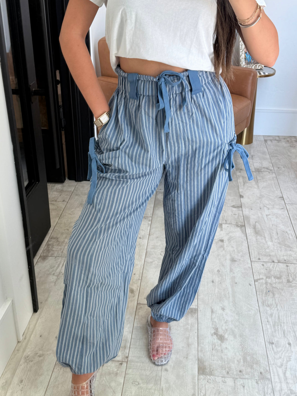 Denim/White Woven Pants
