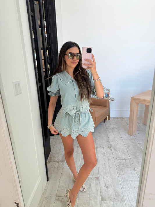 Washed Denim Bow Set
