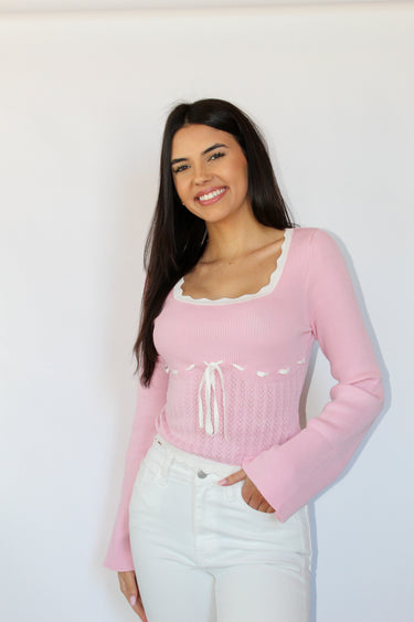 Flare Sleeve Knit Top-Pink