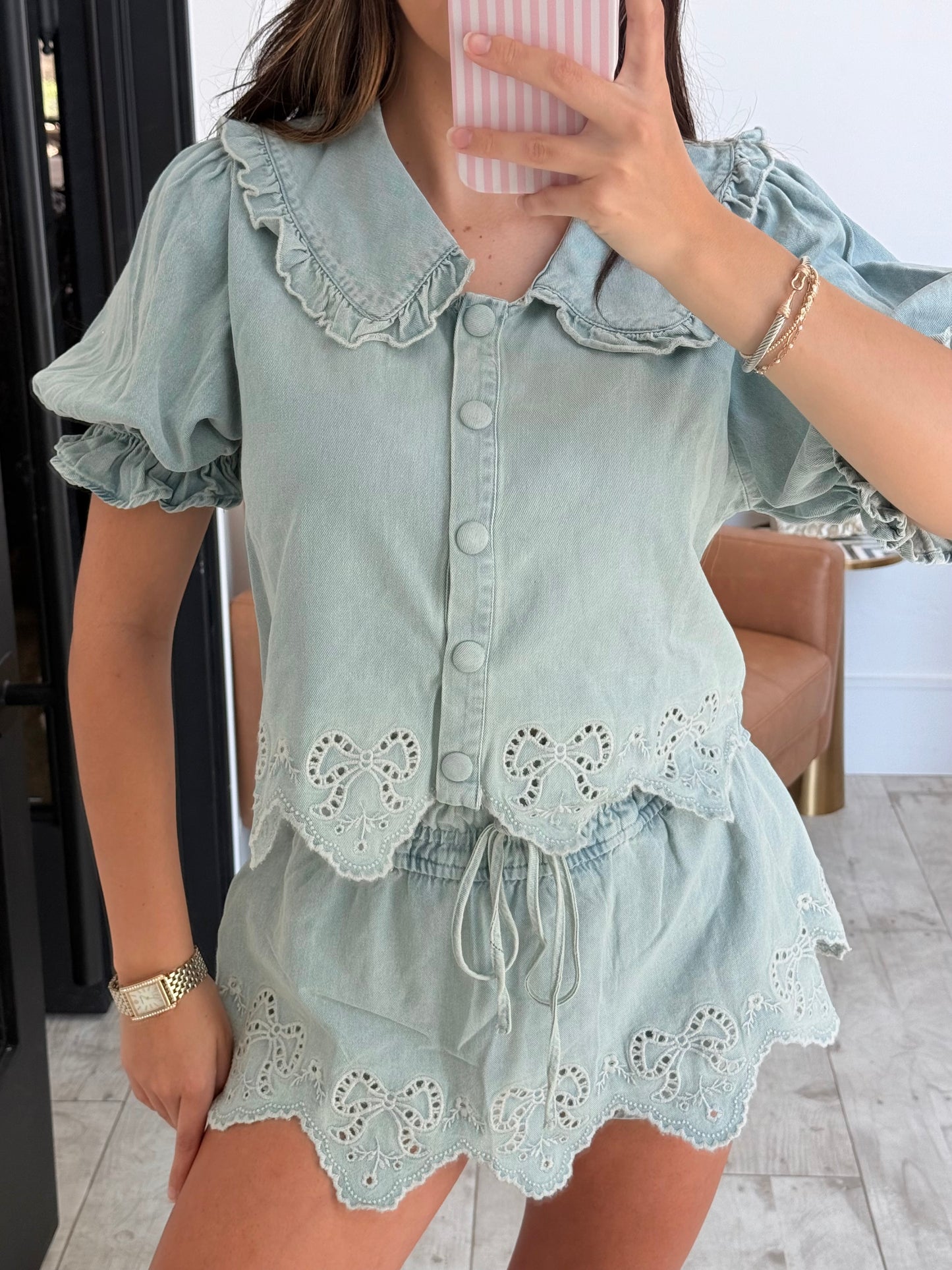 Washed Denim Bow Set