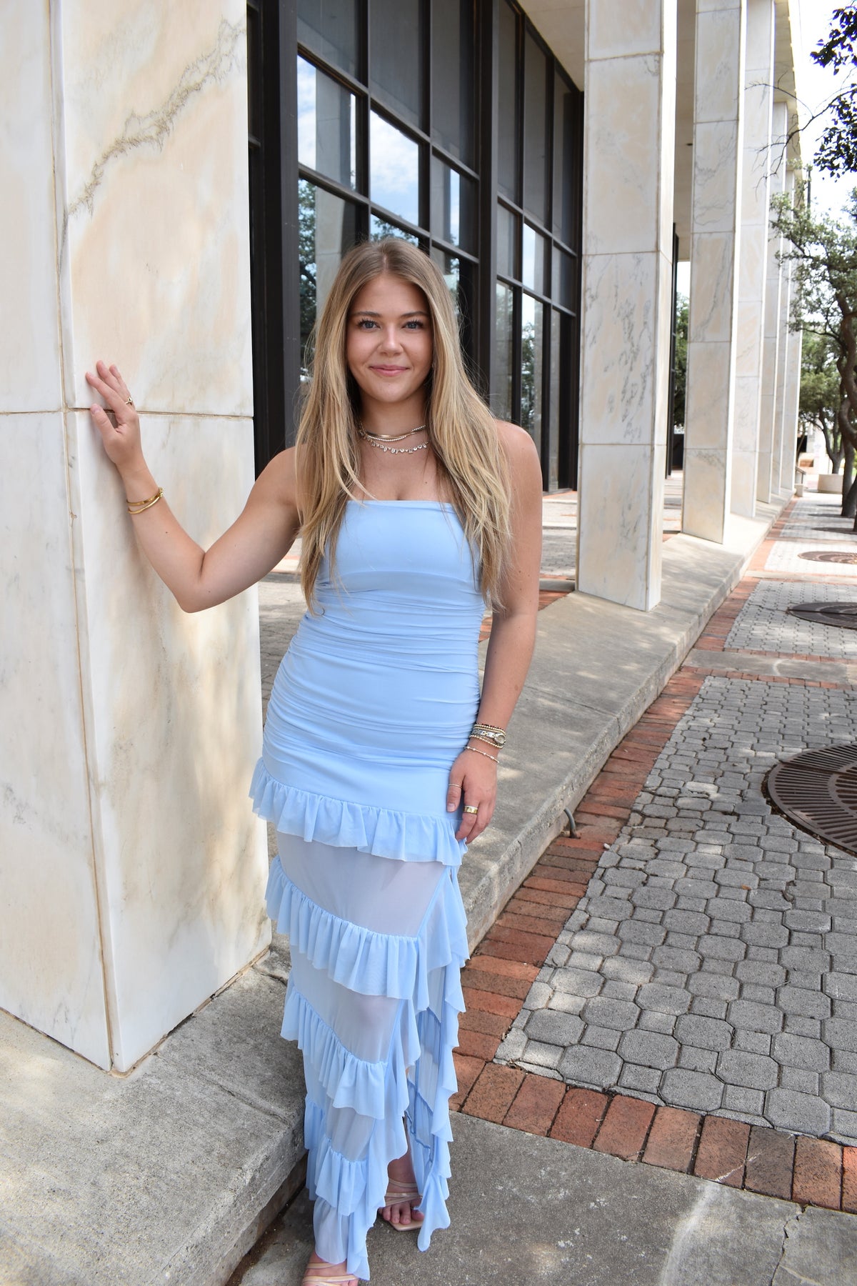 Lt Blue Ruffle Maxi Dress
