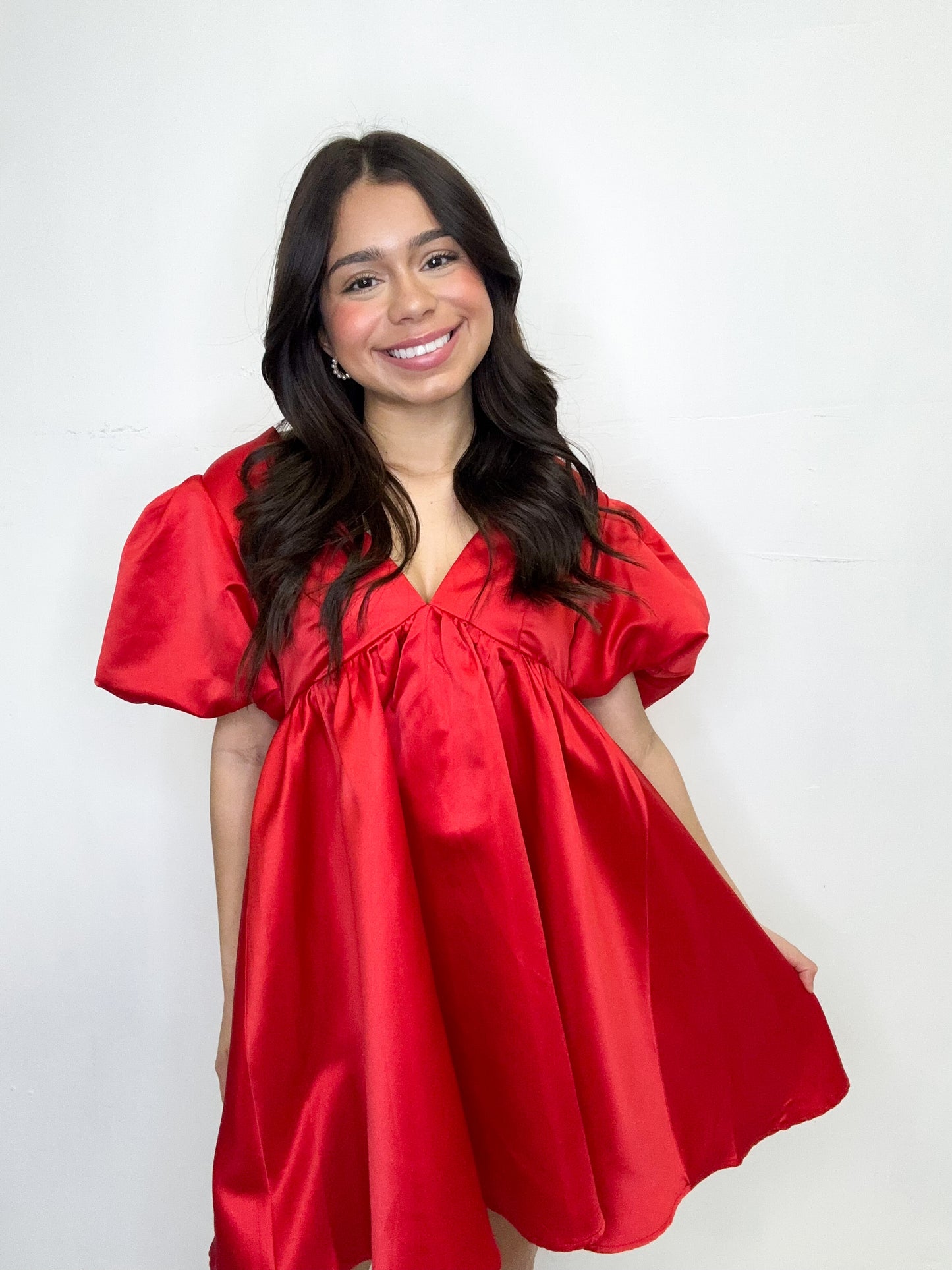 Babydoll Bubble Sleeve Dress-Red