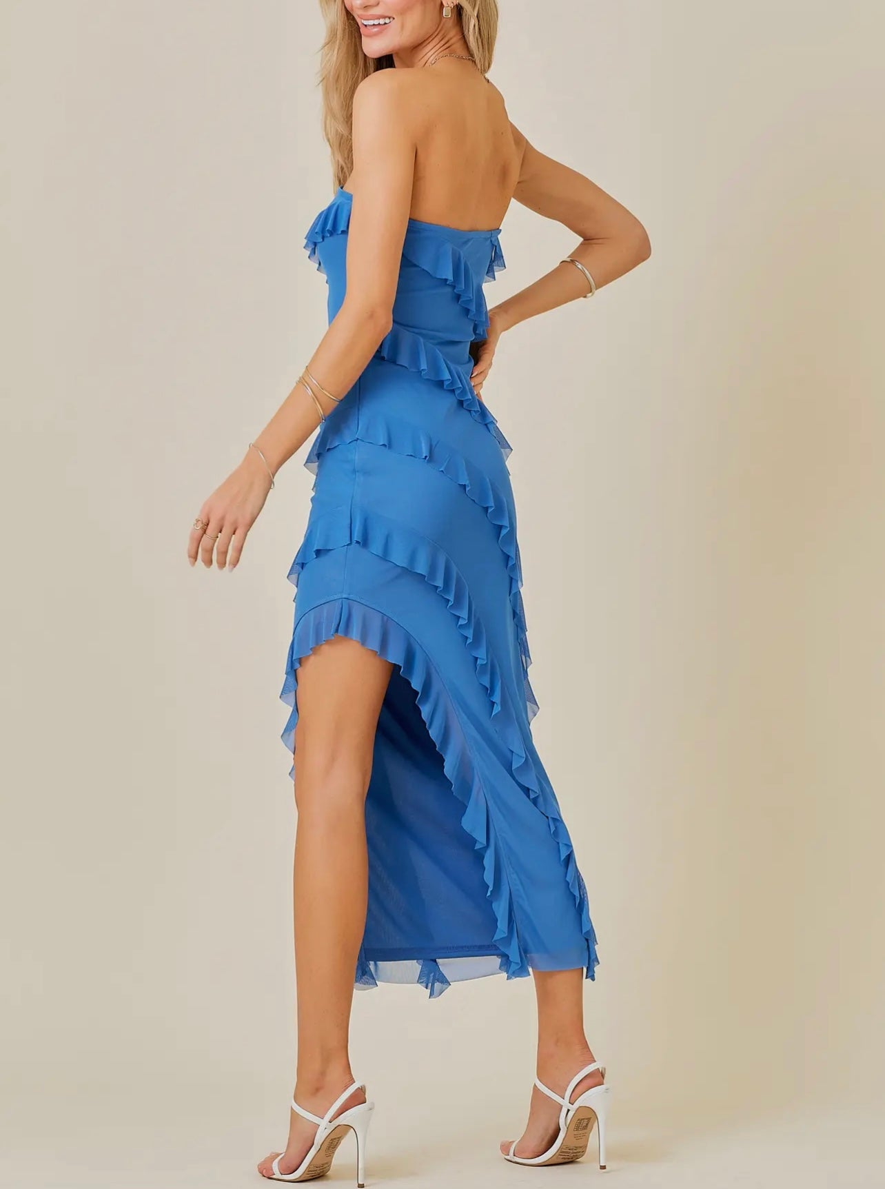 Blue Strapless Frill Dress