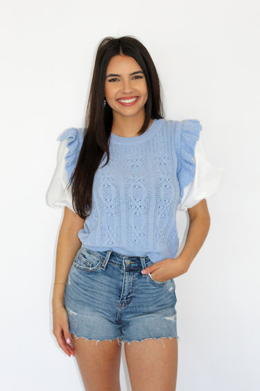 Blue Ruffle Sleeve Blouse