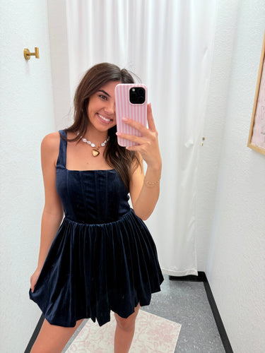 Navy Corset Velvet Dress