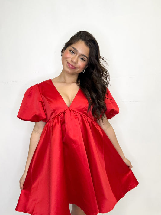 Babydoll Bubble Sleeve Dress-Red