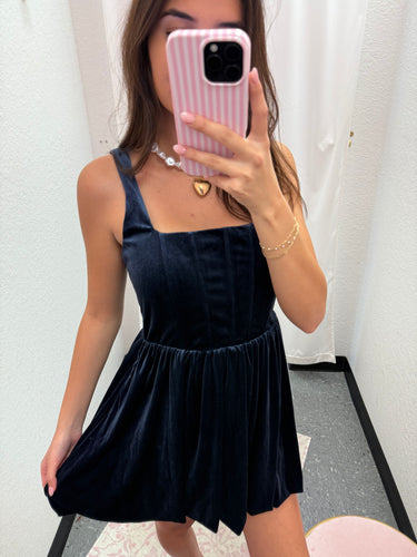 Navy Corset Velvet Dress