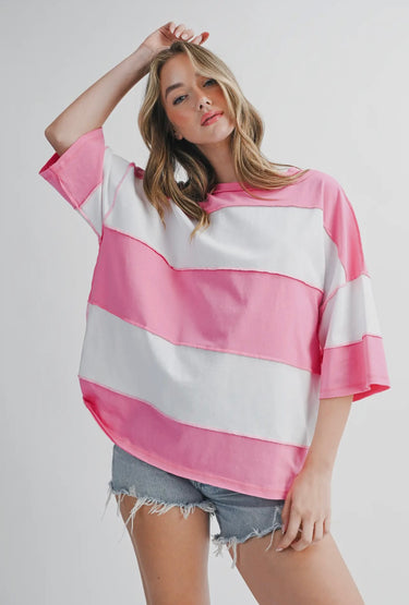 Pink-White Color Block Top
