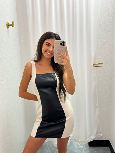black and white leather dress Black Faux Leather Contrast Trim Mini Shift Dress