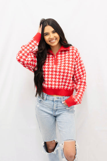 Houndstooth Half Zip Sweater- Red/White