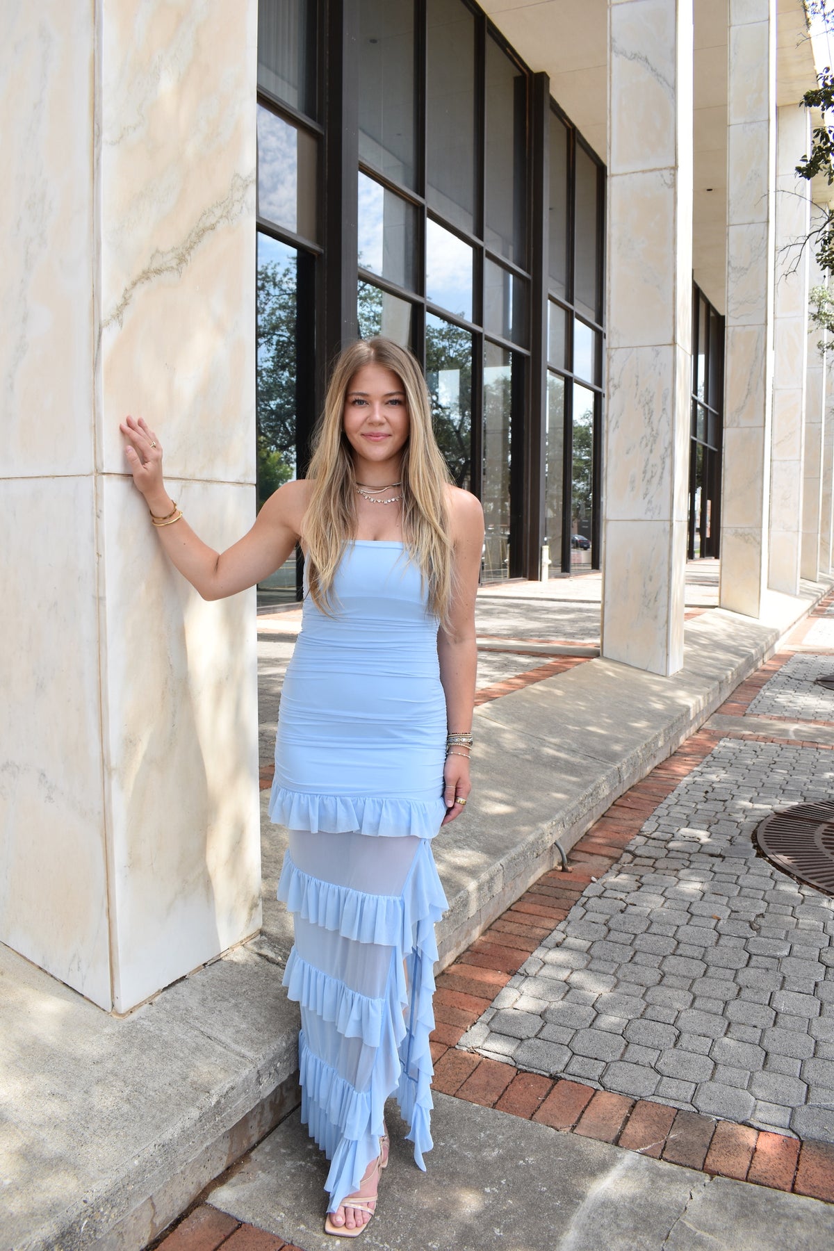 Lt Blue Ruffle Maxi Dress