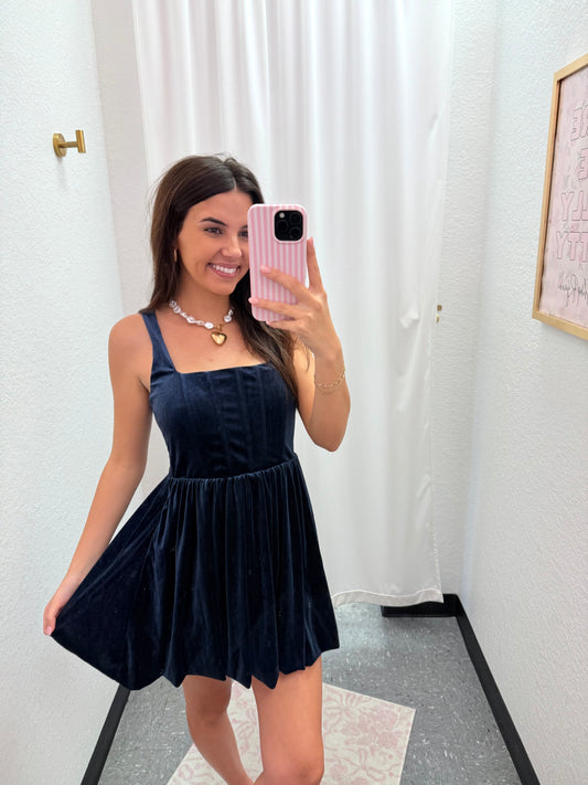 Navy Corset Velvet Dress