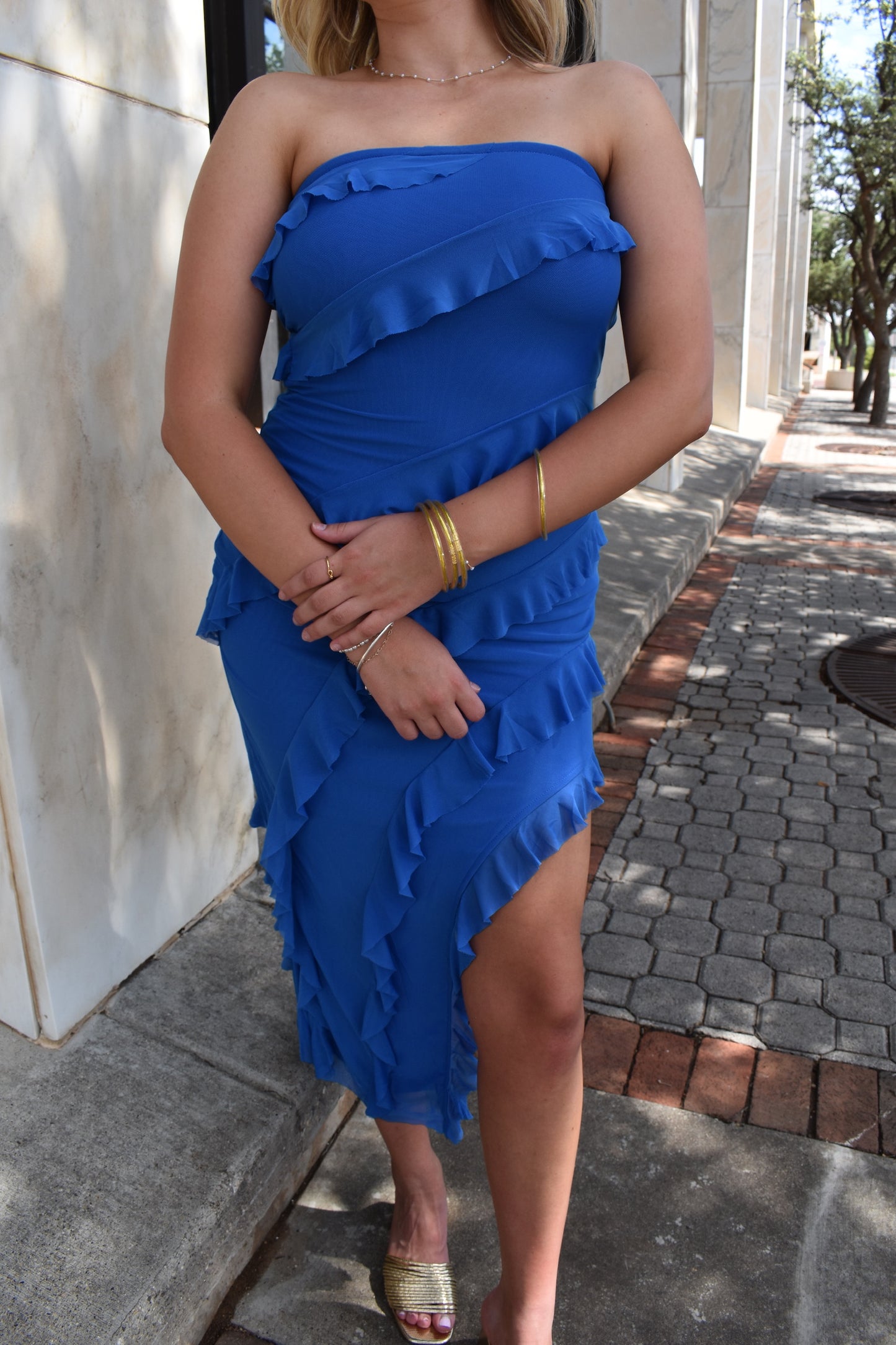 Blue Strapless Frill Dress