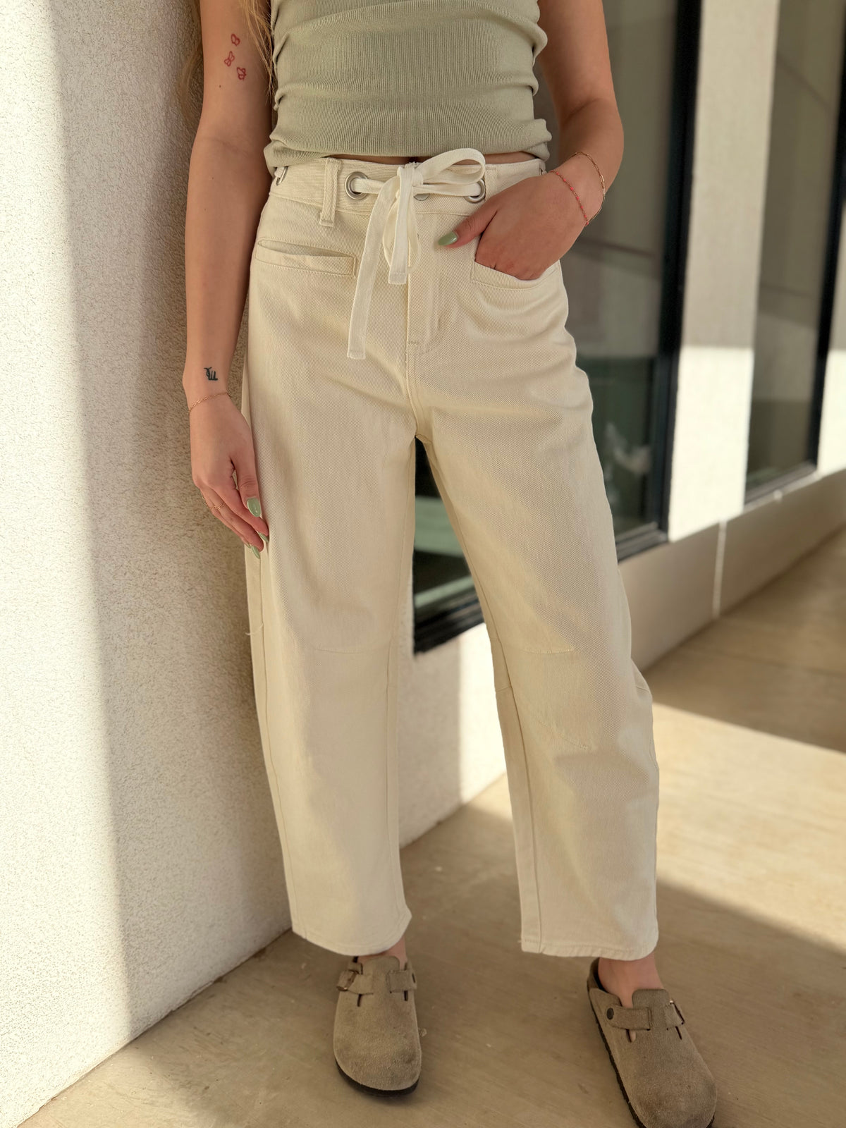 Cream Eyelet Barrel Jeans