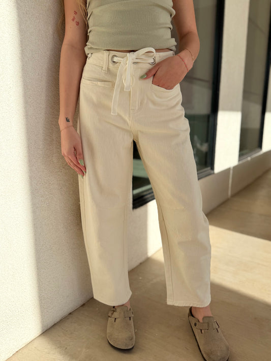 Cream Eyelet Barrel Jeans
