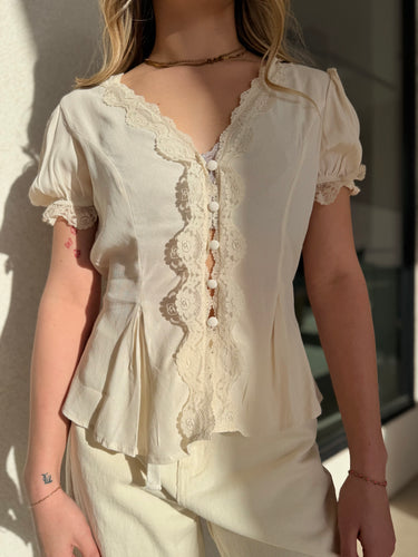 Cream Lace Trim Blouse