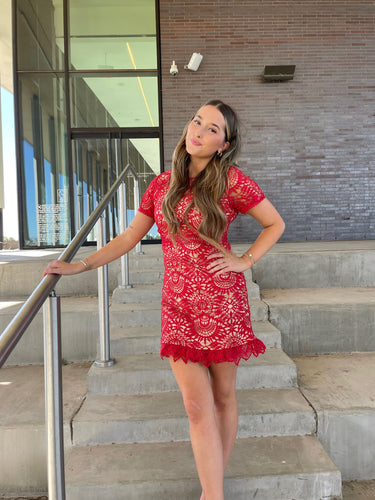 Red/Nude Lace Mini Dress