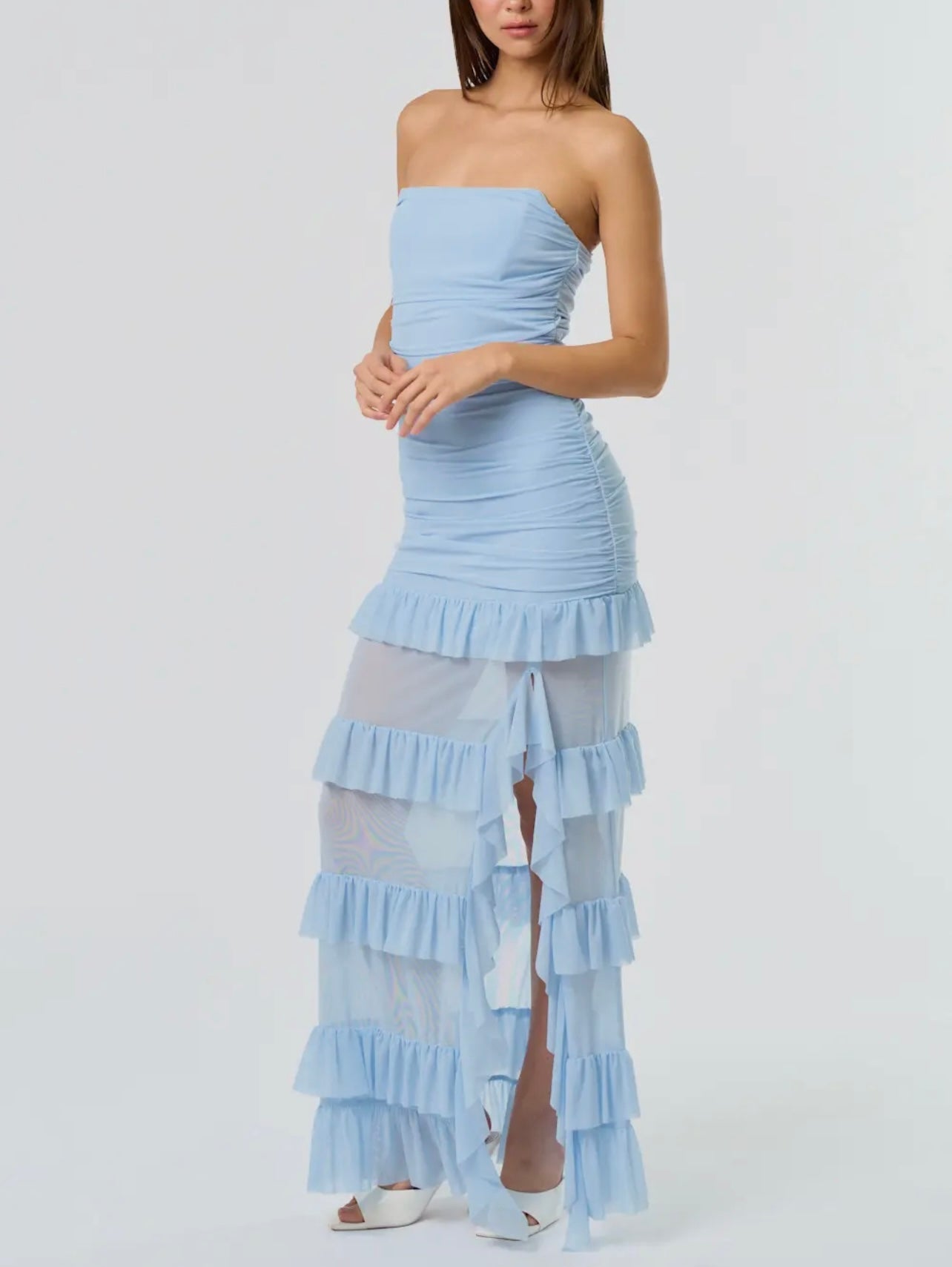 Lt Blue Ruffle Maxi Dress