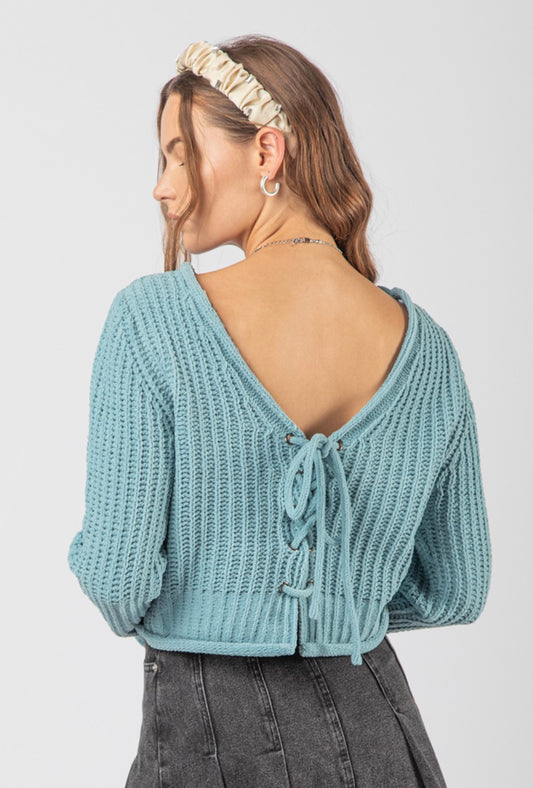 Back Tie Knit Sweater-Blue