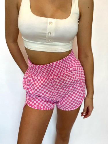 Pink Plaid High Waisted Athletic Shorts