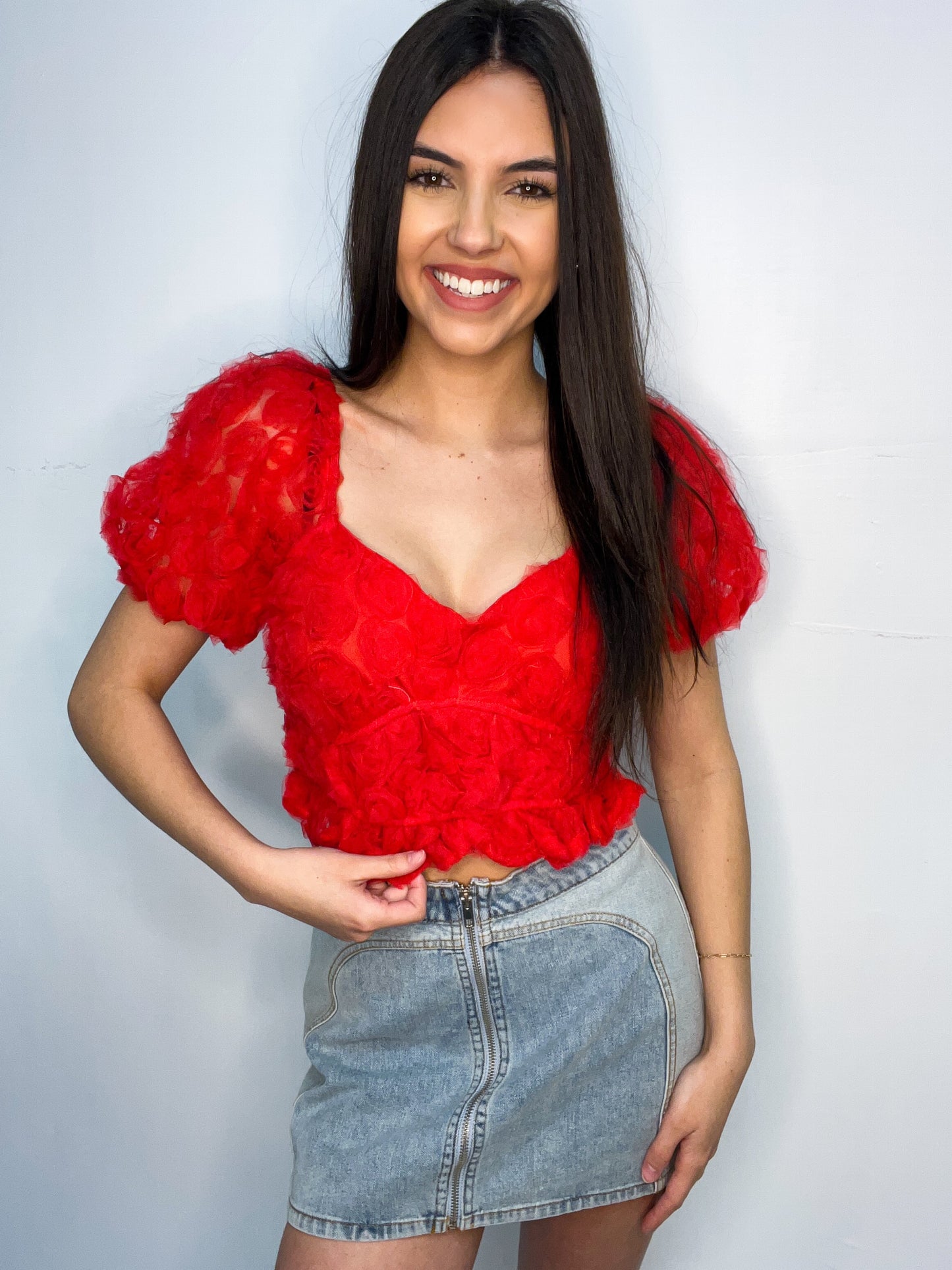 Puff Sleeve Peplum Top-Red