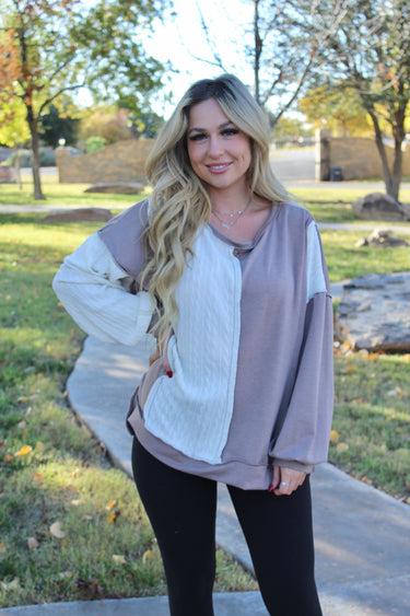 Taupe/Cream Patchwork Long Sleeve