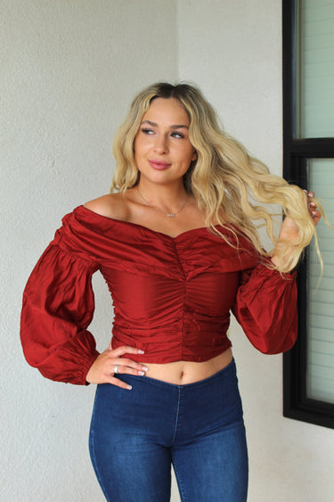 Cherry Wood Off Shoulder Ruffle Top